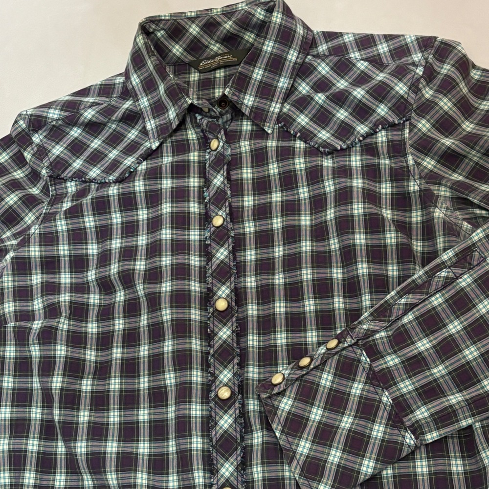 Eddie Bauer Western Shirt Womens Medium Purple Plaid Snap Excellent Cotton